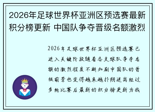 2026年足球世界杯亚洲区预选赛最新积分榜更新 中国队争夺晋级名额激烈