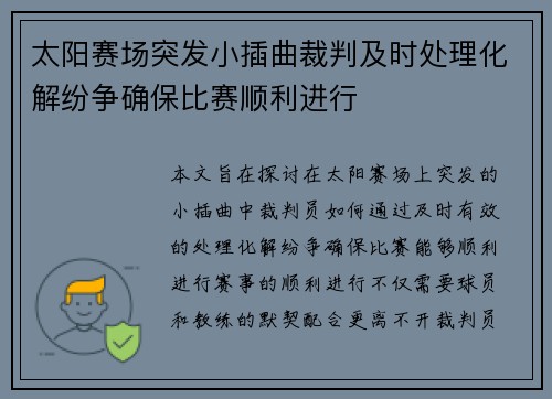 太阳赛场突发小插曲裁判及时处理化解纷争确保比赛顺利进行