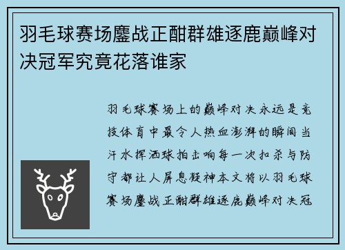 羽毛球赛场鏖战正酣群雄逐鹿巅峰对决冠军究竟花落谁家